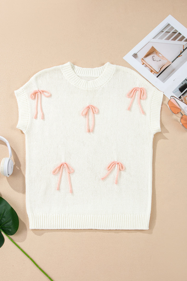 Short Sleeve Knit Contrast Bow Knot Loose Sweater