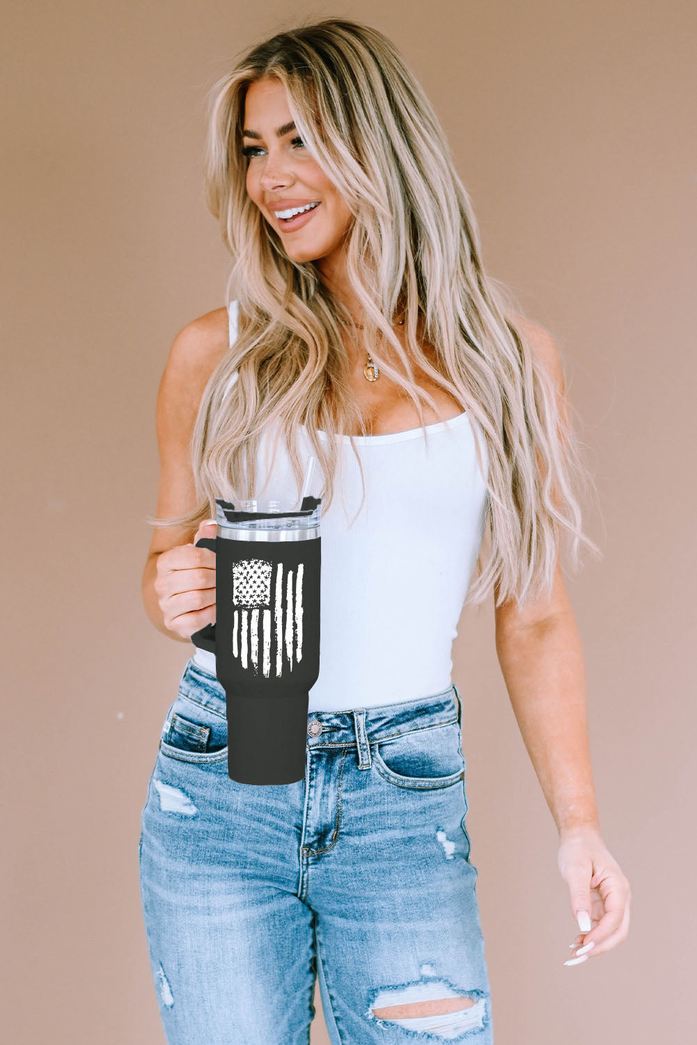 American Flag Print Stainless Steel Portable Cup with Handle 40oz