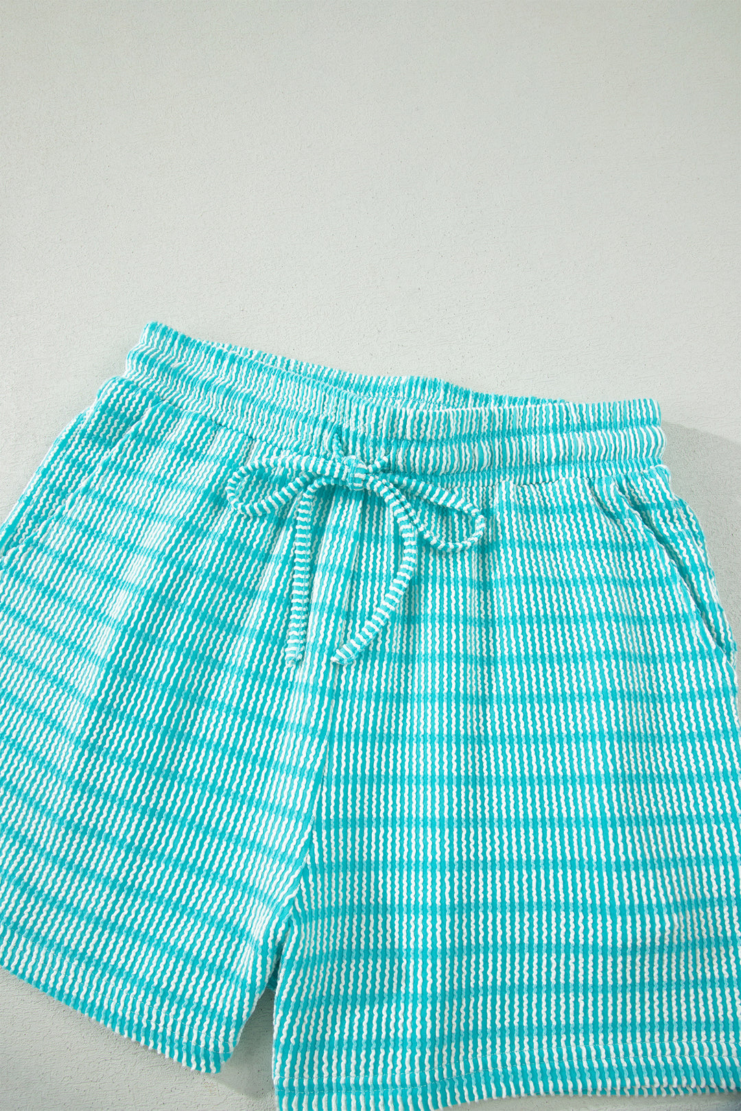 Sky Blue Stripe Raised Rib Loose Tee Drawstring Elastic Waist 2pcs Short Set