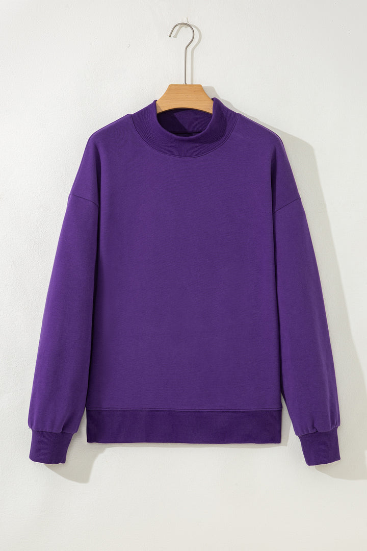 Tillandsia Purple Solid Color Oversized Mock Neck Sweatshirt