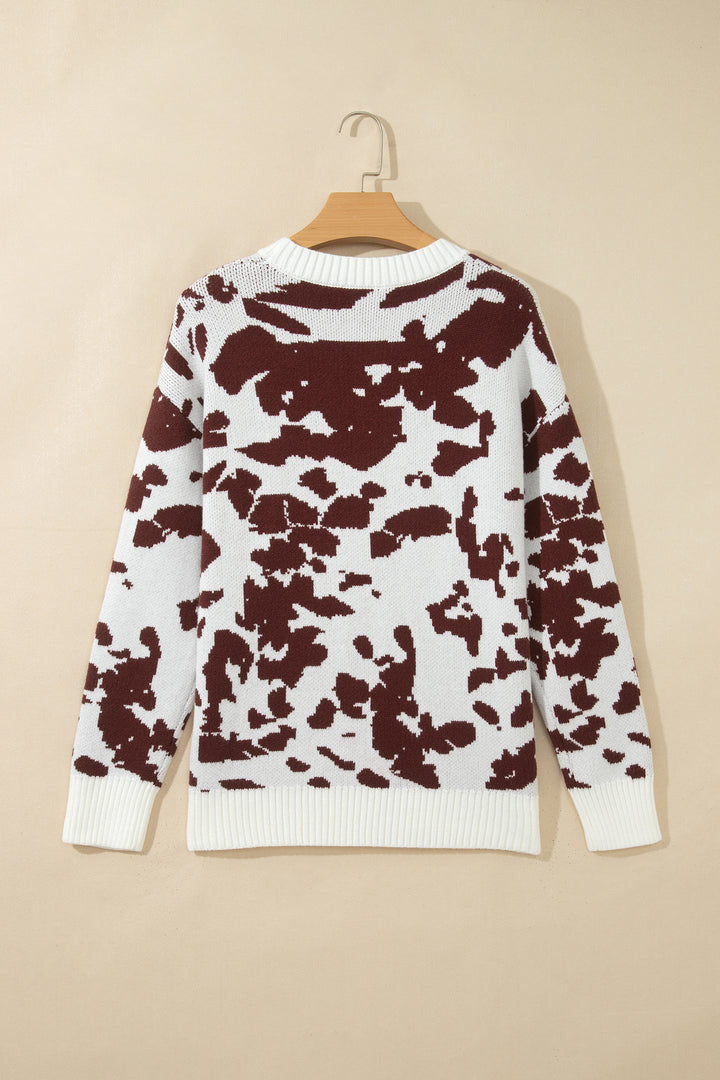 Brown Western Print Cow Pattern Long Sleeve Round Neck Pullover Knitwear Sweater