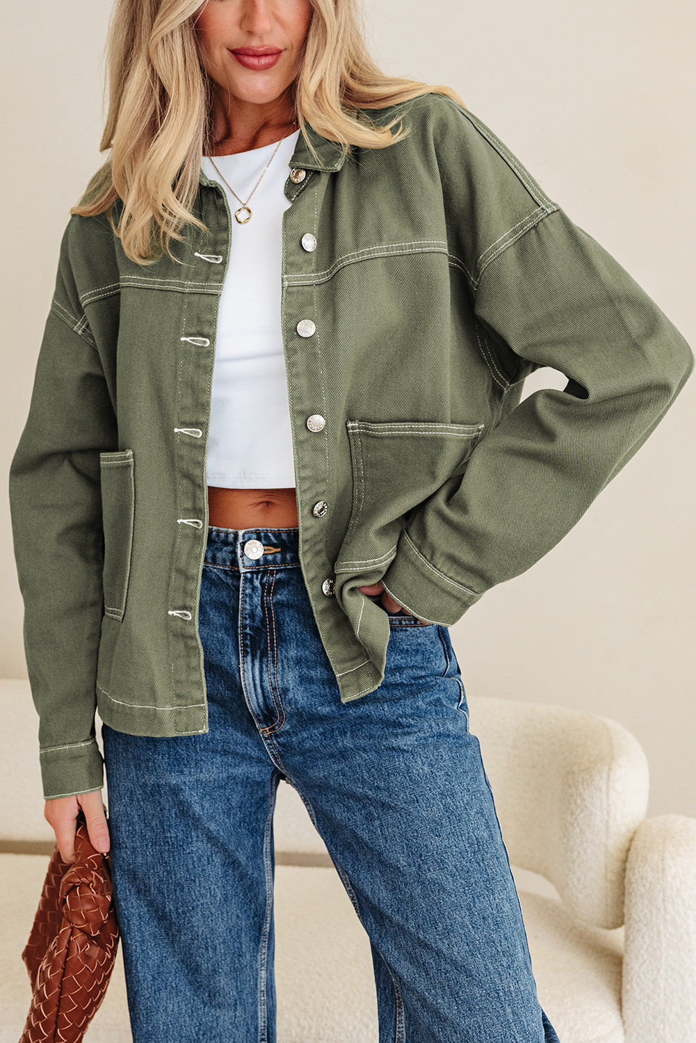 Patched Pocket Collared Button Front Boyfriend Denim Jacket