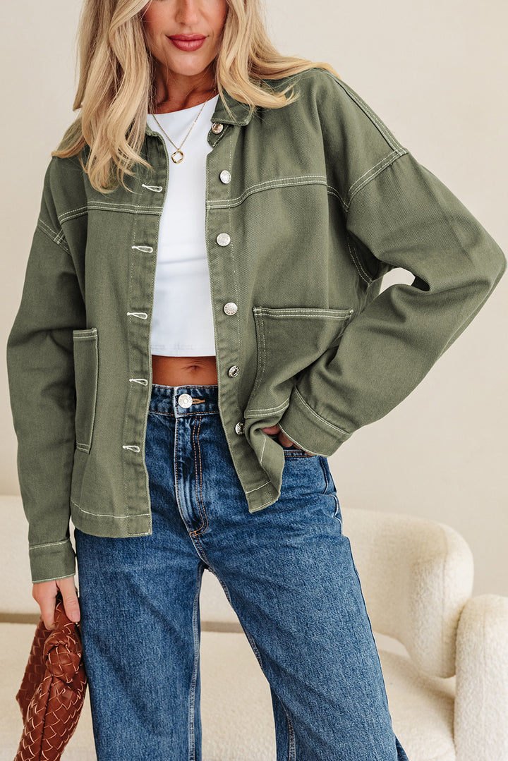 Patched Pocket Collared Button Front Boyfriend Denim Jacket