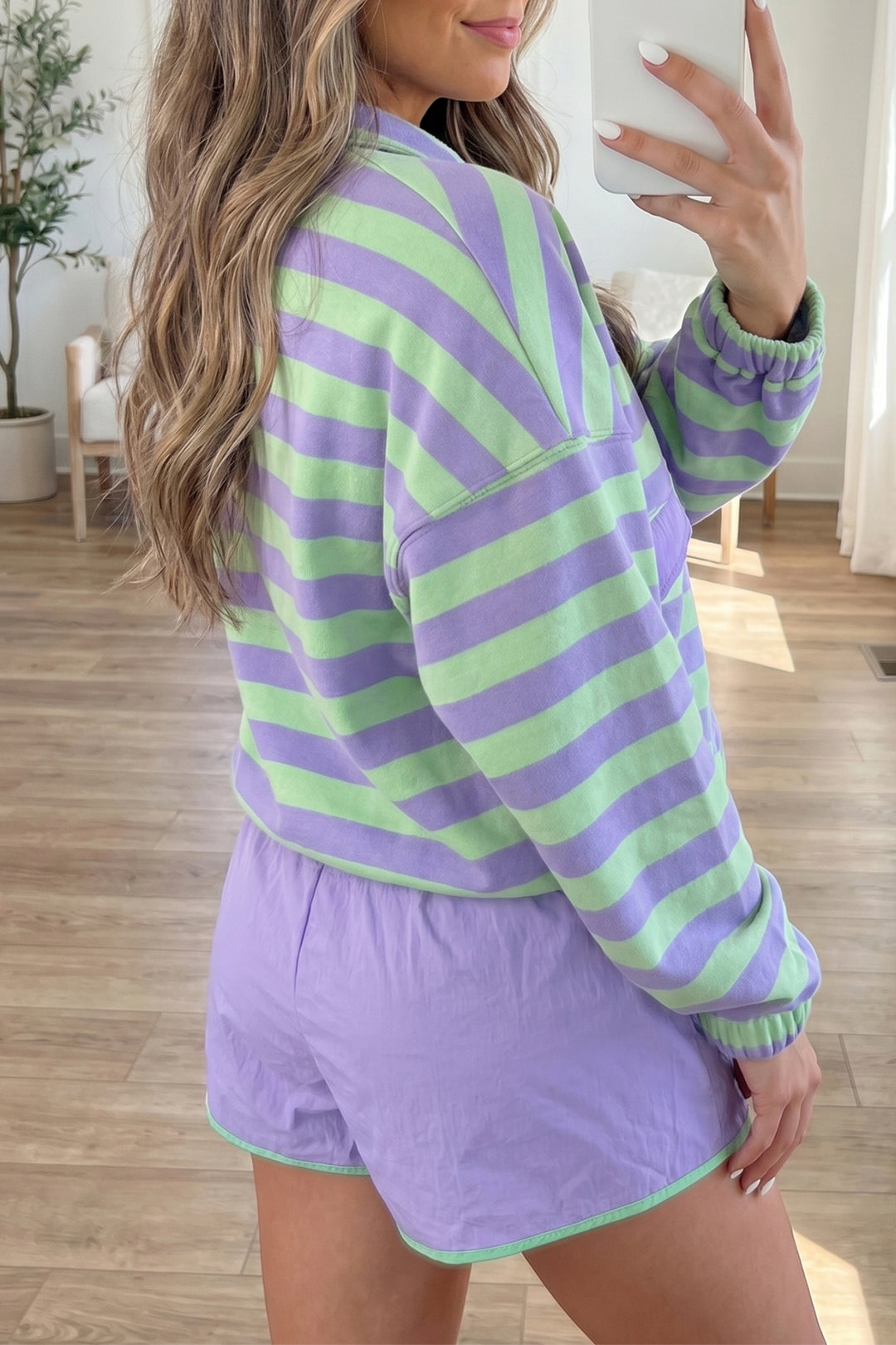 Purple Stripe Half Button Long Sleeve Top Mix and Match Shorts 2pcs Set
