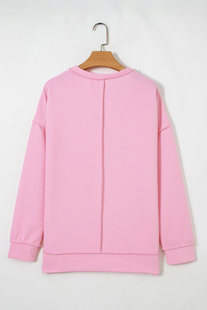 Horizontal Ribbed Exposed Seam Detail Drop Shoulder Baggy Pullover