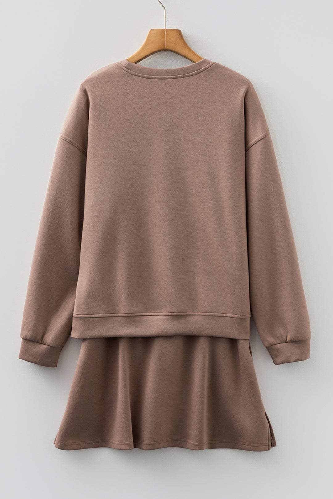 Coffee Solid Color Pullover Drawstring Mini Skirt 2pcs Outfit