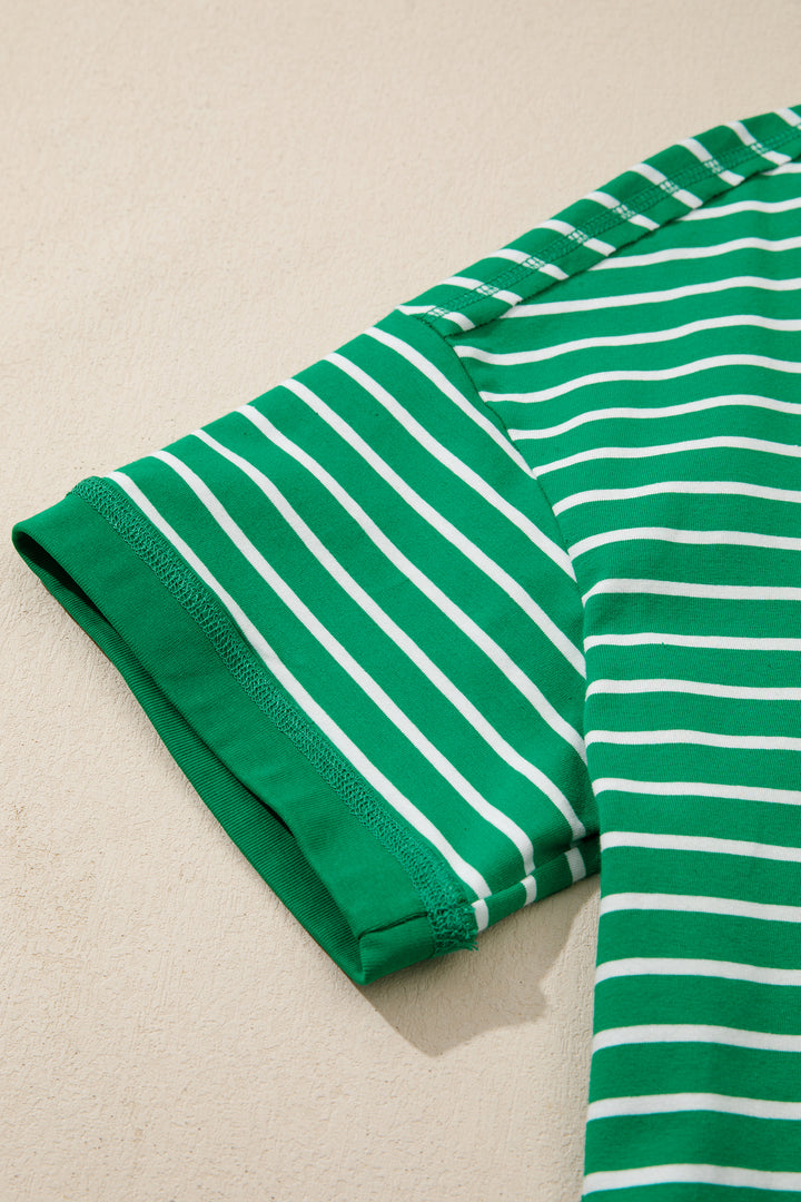 Green Stripe Ribbed Patchwork Seam Detail Half Sleeve Tee