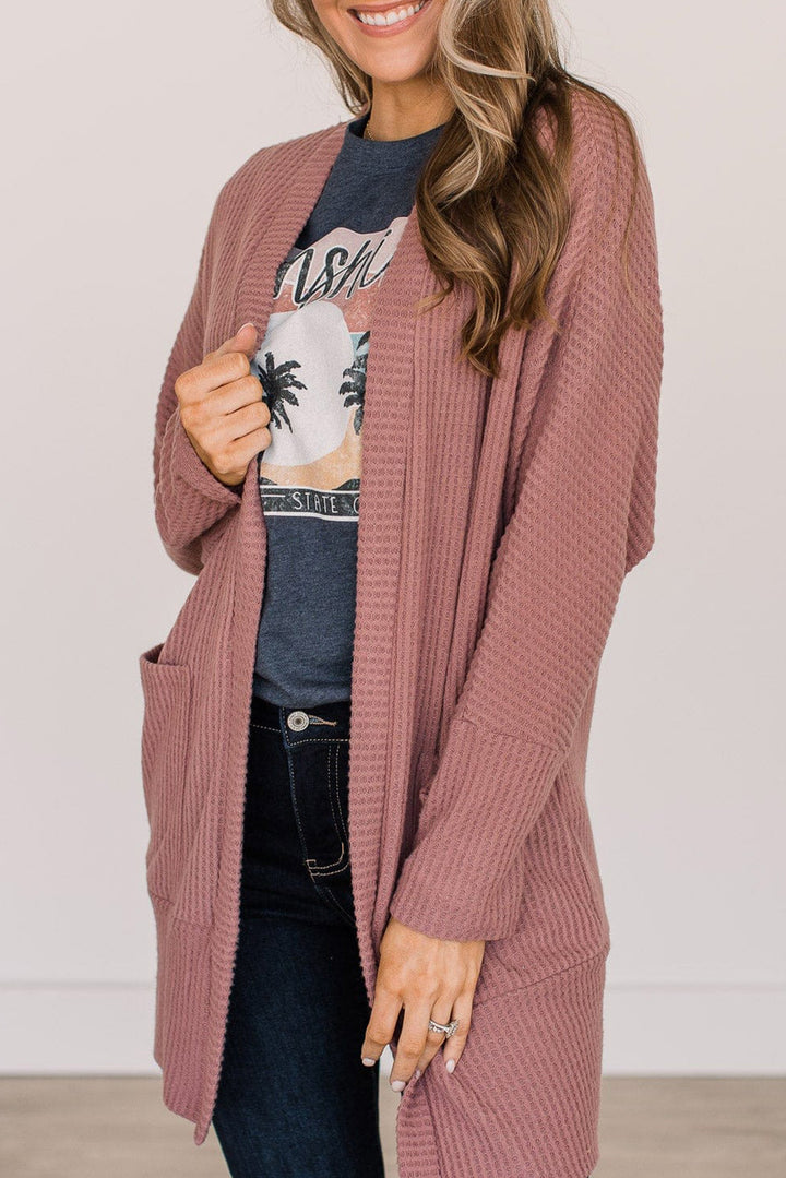 Mineral Red Solid Color Waffle Knit Cardigan