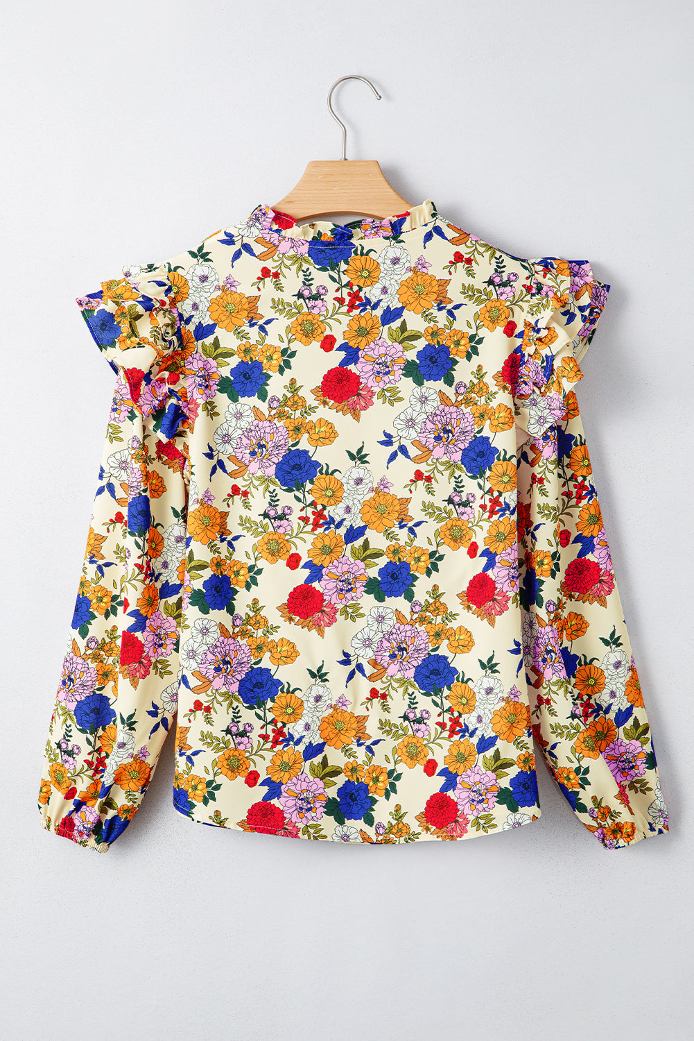 Ruffled Shoulder Long Sleeve Floral Blouse