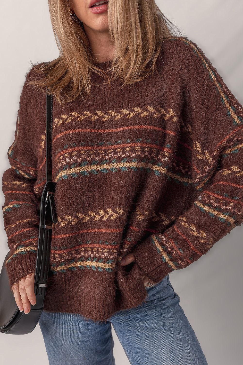 Ethnic Pattern Mohair Knitted Drop Shoulder Sweater