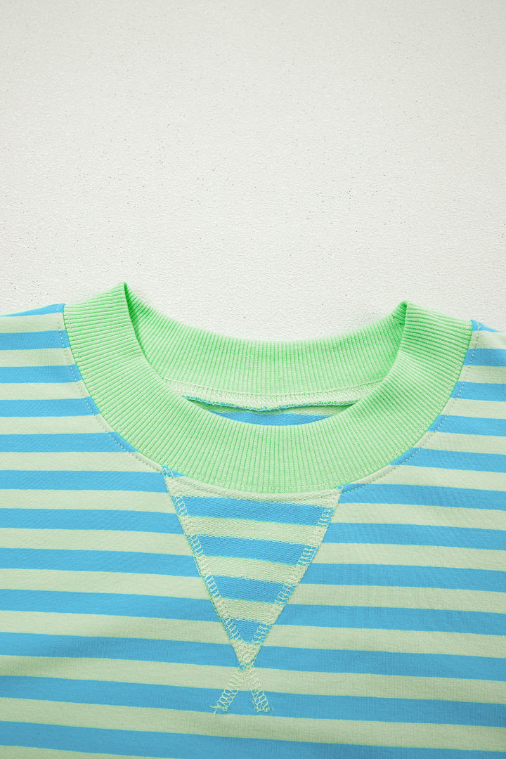 Green Stripe Color Block Detail Long Sleeve Pullover Elastic Waist Pull On Shorts 2pcs Set