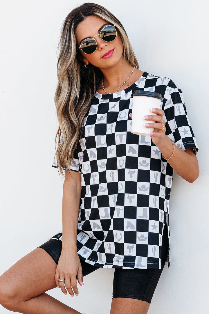 Western Fashion Checkerboard Print Side Split T Shirt