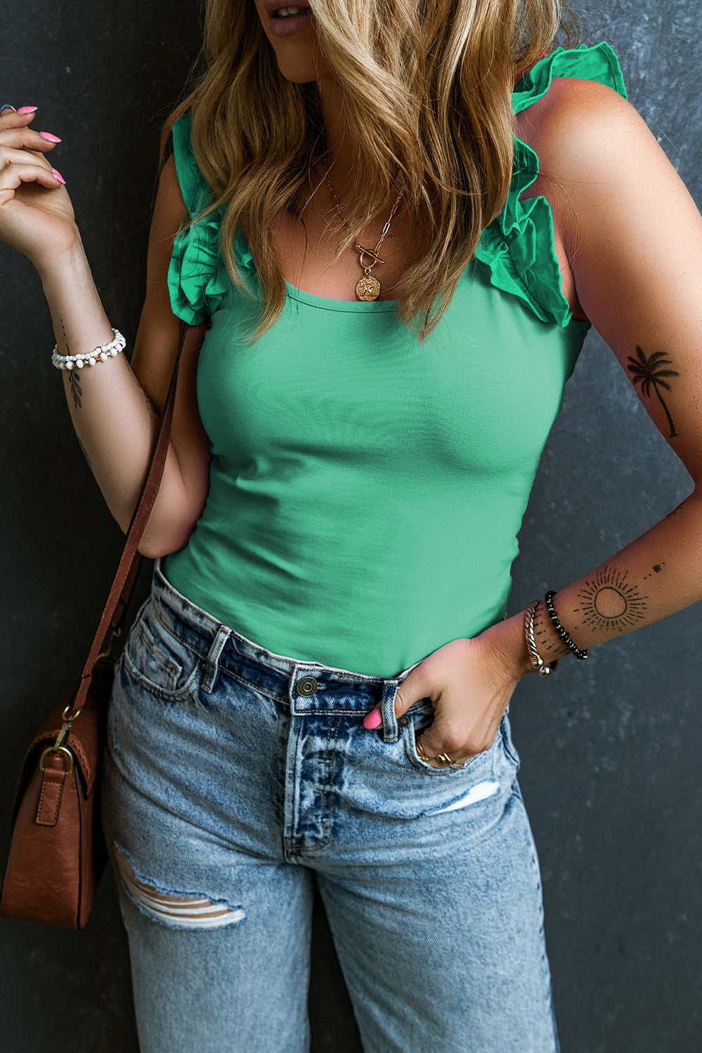 Ruffled Wide Straps Slim Tank Top
