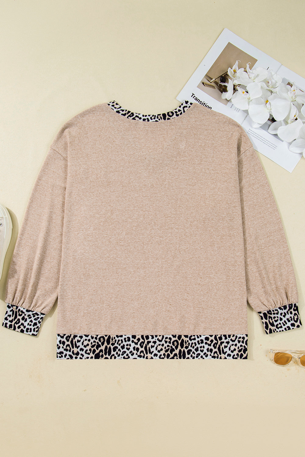 Parchment Leopard Patchwork V Neck Long Sleeve Plus Size Top