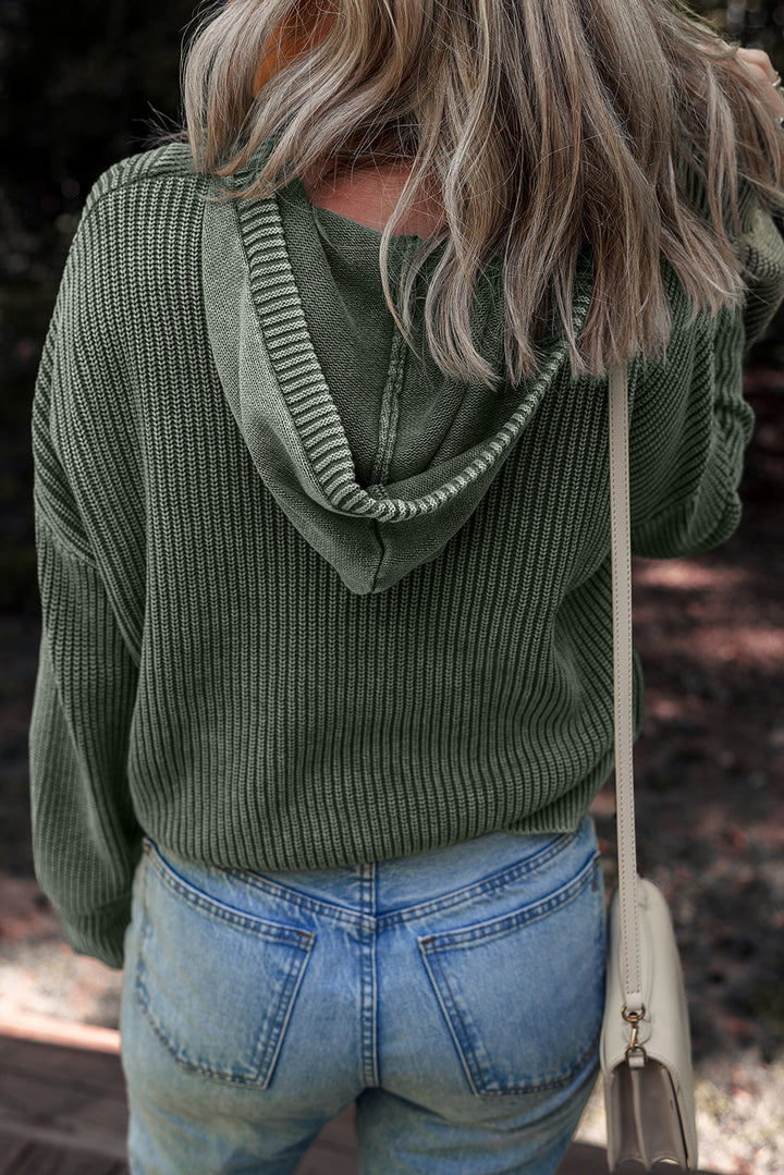Mineral Wash Ribbed Knit Button Drawstring Neck Hooded Sweater