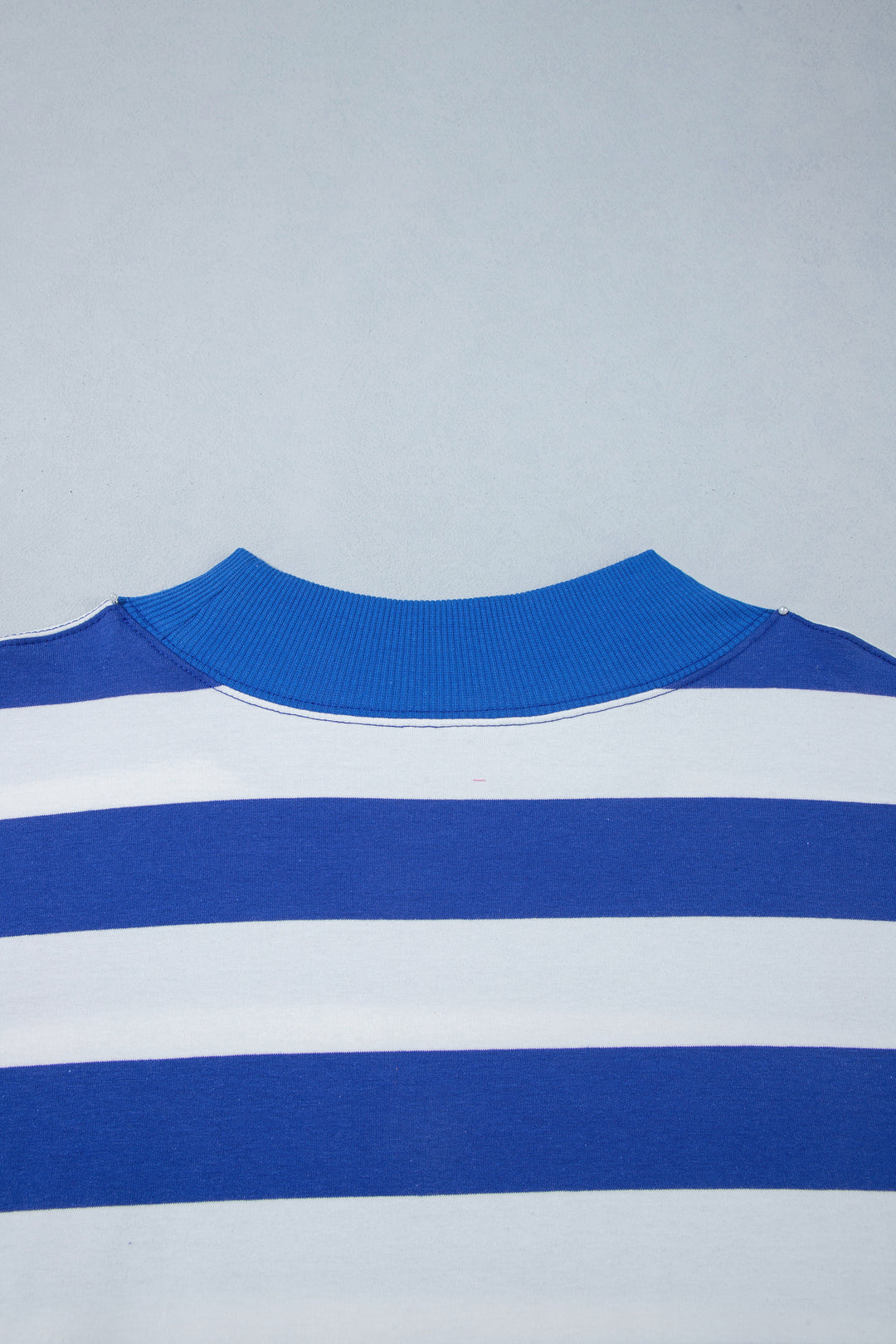 Blue Stripe Ribbed Trim Stand Neck Dropped Shoulder Plus Size Sweatshirt