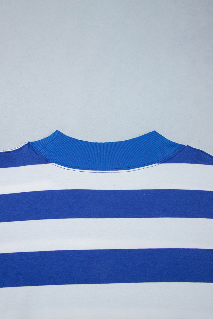 Blue Stripe Ribbed Trim Stand Neck Dropped Shoulder Plus Size Sweatshirt