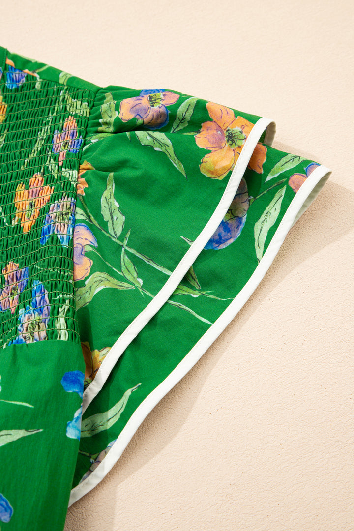 Green Plus Size Ruffled Short Sleeve Cotton Floral Top