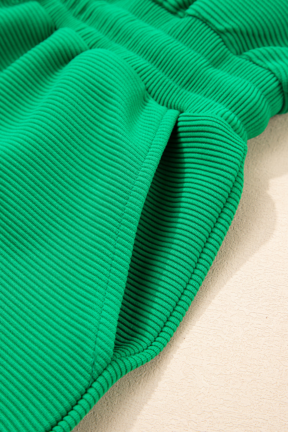 Bright Green Textured Short Sleeve Half Zip Drawstring Elastic Waistband Romper