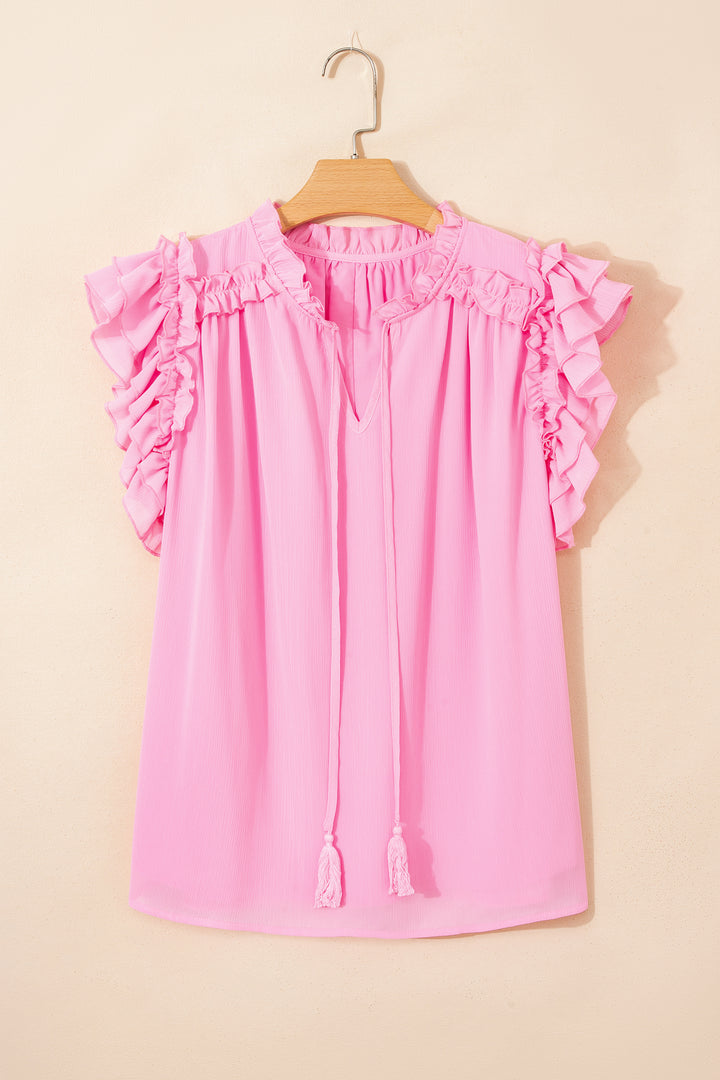 Bonbon Plus Size Textured Tassel Tie V Neck Ruffle Short Sleeve Blouse