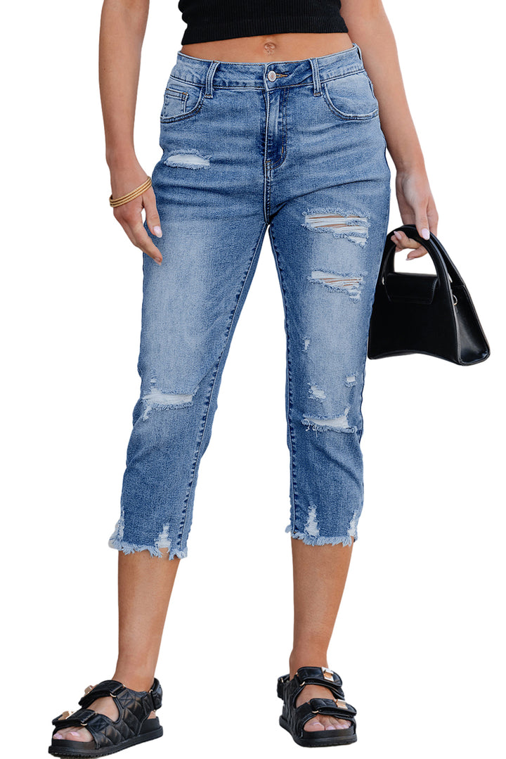 Sky Blue Skinny Distressed Capri Jeans
