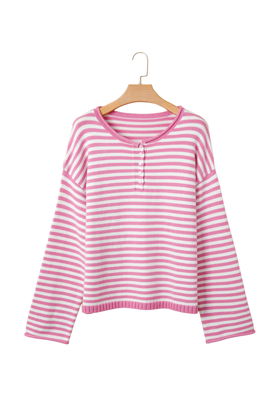 Pink Stripe Striped Button Placket Drop Shoulder Long Sleeve Sweater