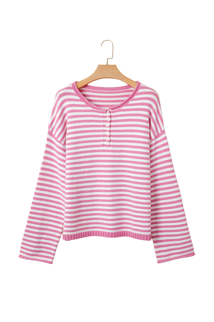 Pink Stripe Striped Button Placket Drop Shoulder Long Sleeve Sweater
