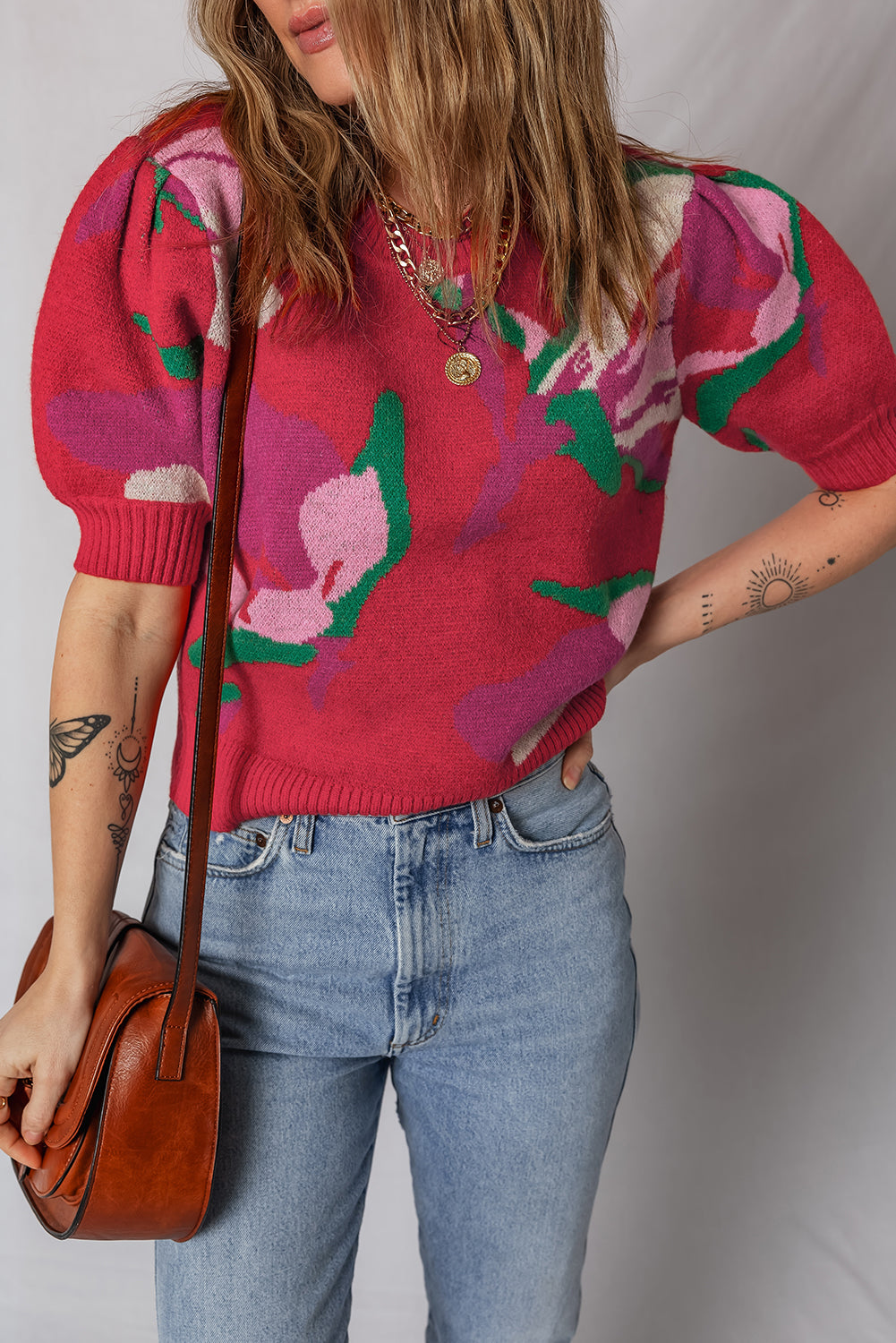 Floral Abstract Print Short Puff Sleeve Sweater