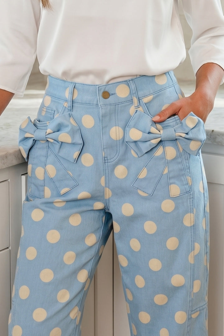Sky Blue Polka Dot Print Bow Detail Pocketed Barrel Jeans