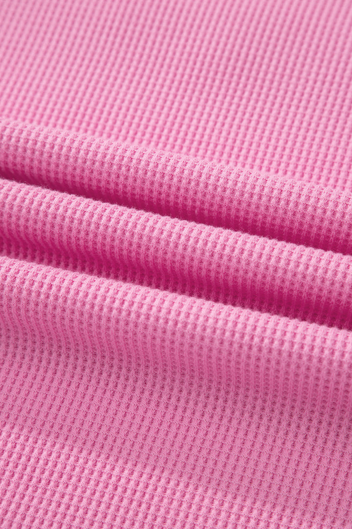 Pink Solid Color Raw Seam Waffled Patchwork Casual T Shirt