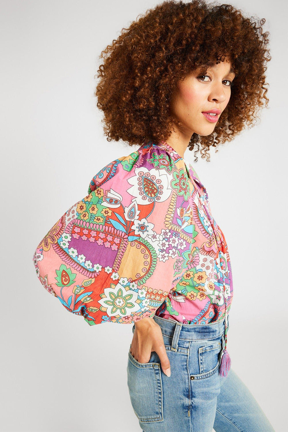 Boho Floral Bubble Sleeve Tassel Tied Neck Pleated Blouse