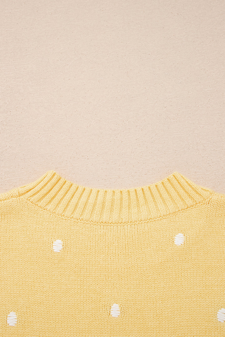 Yellow Cream Elegant Polka Dot Bubble Short Sleeve Sweater