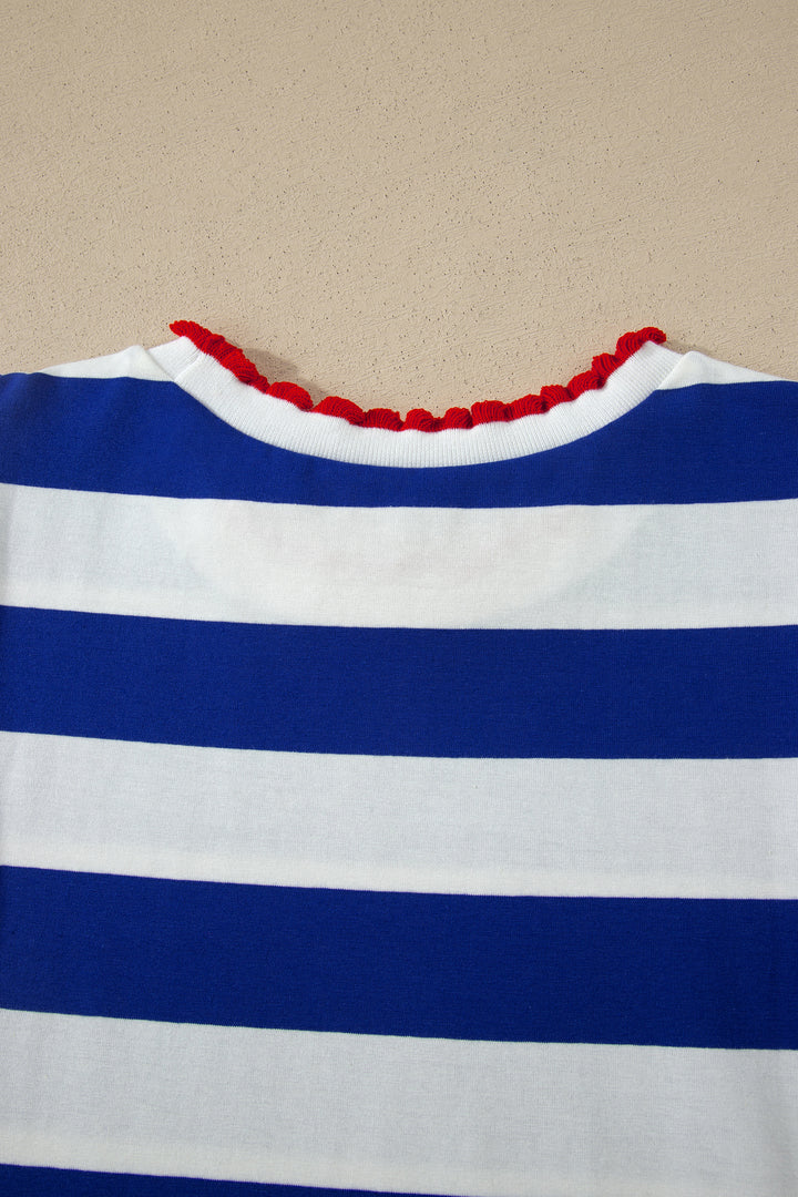 Blue Stripe Contrast Trim Short Puff Sleeve Shift Mini Dress