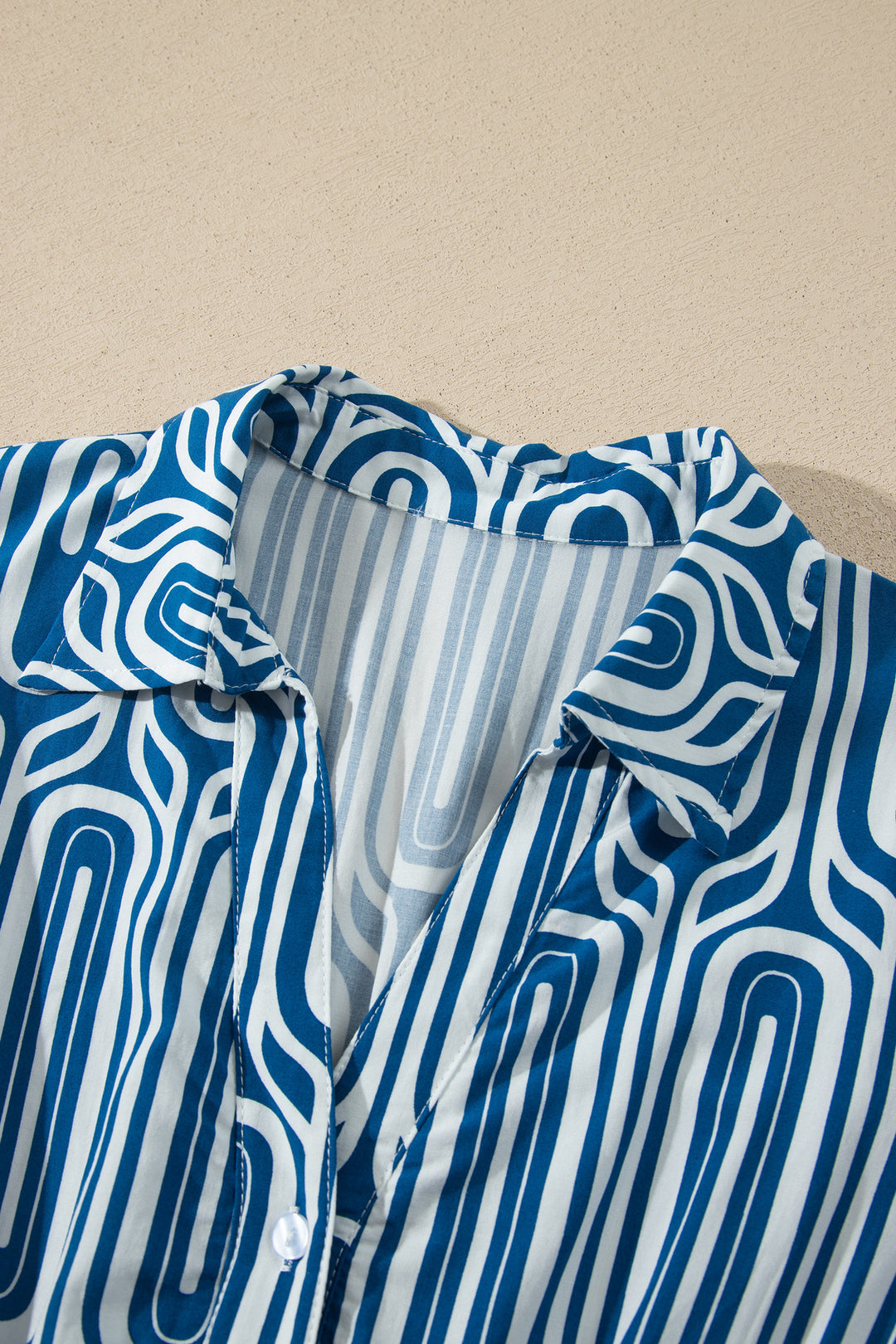 Blue Geometric Print Short Sleeve Shirt Collar Dress