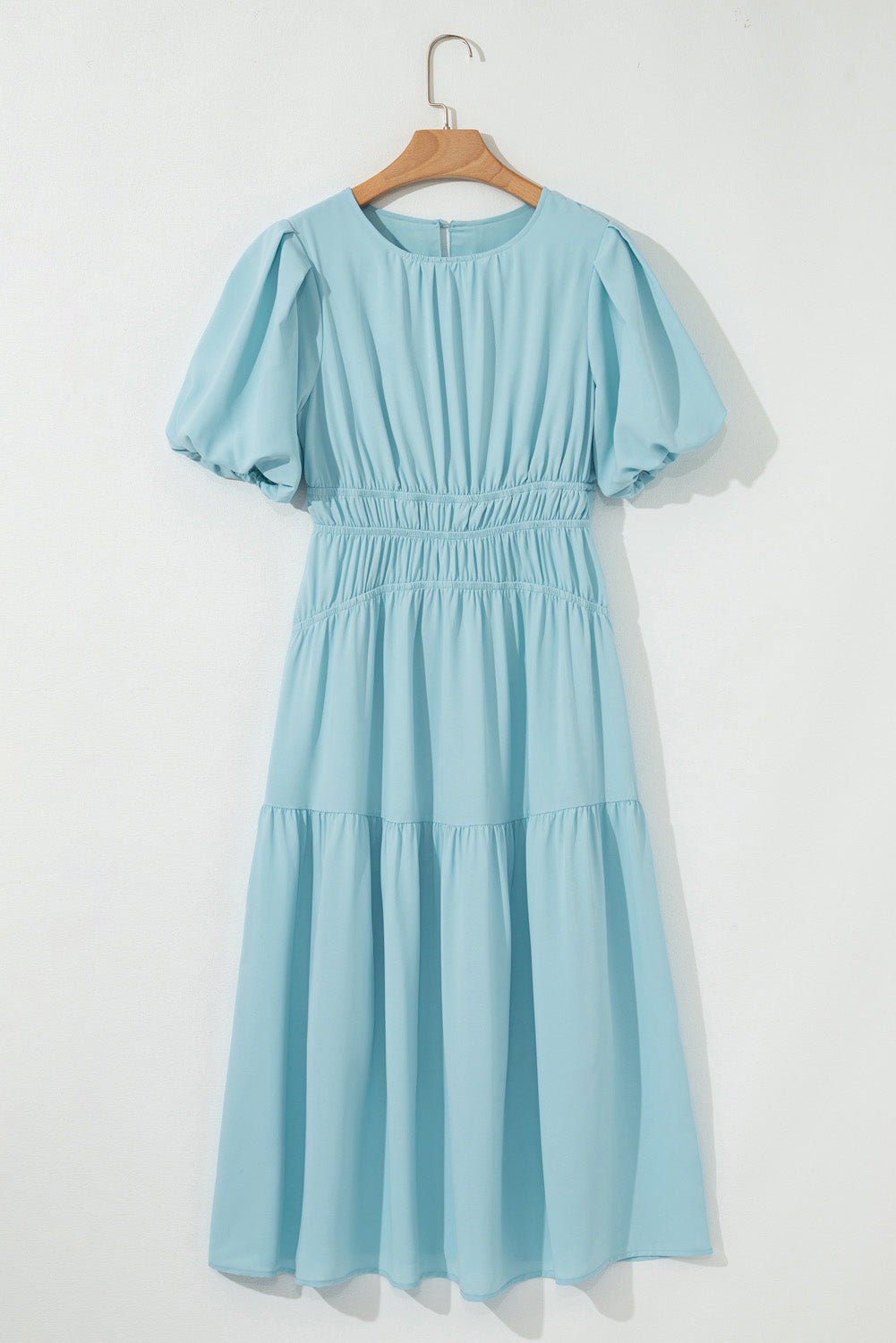 Puff Sleeve Pleated High Waist Flowy Midi Dress