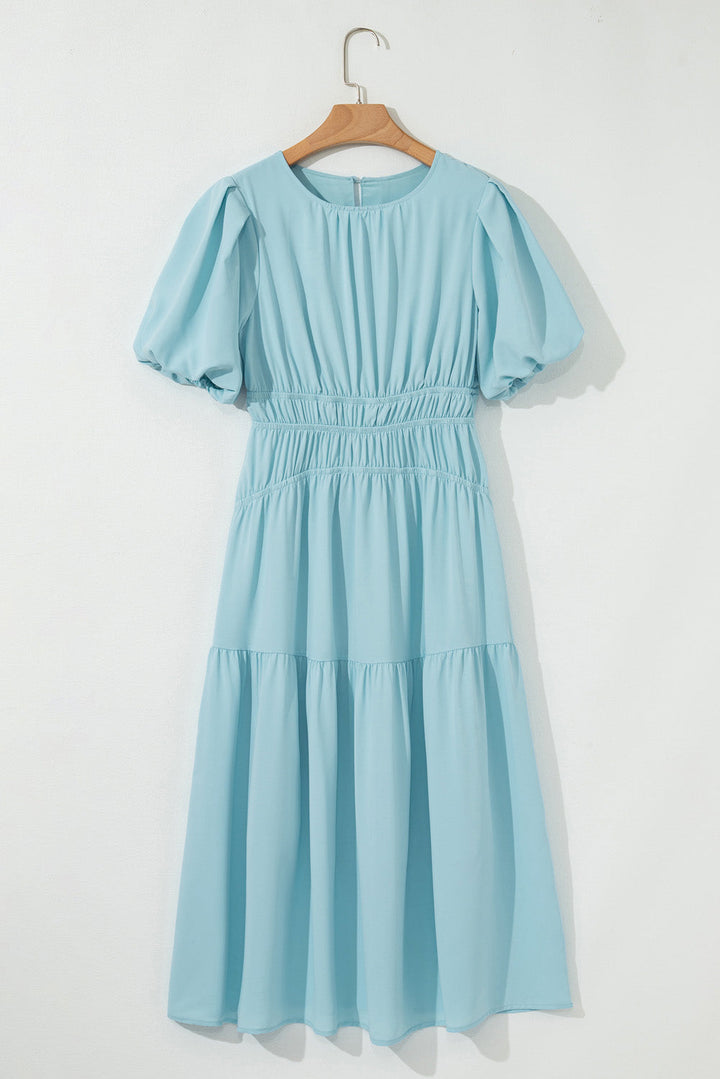 Puff Sleeve Pleated High Waist Flowy Midi Dress