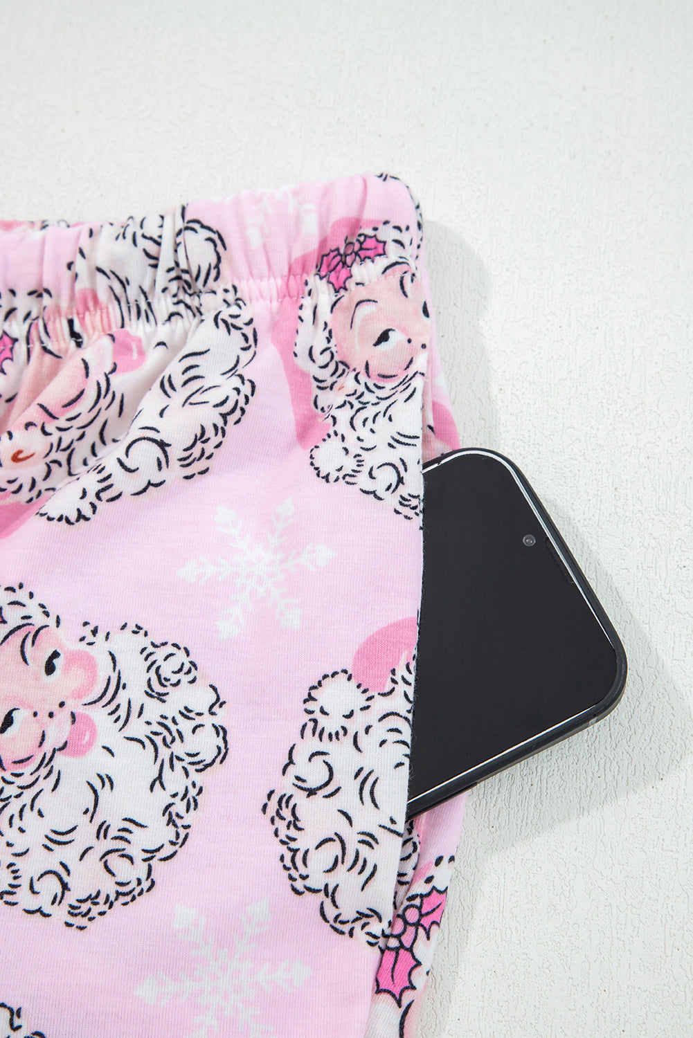 Pink Santa Claus Print V Neck Tee Drawstring Pants 2pcs Lounge Set