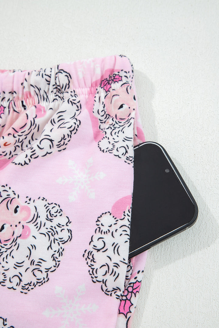 Pink Santa Claus Print V Neck Tee Drawstring Pants 2pcs Lounge Set