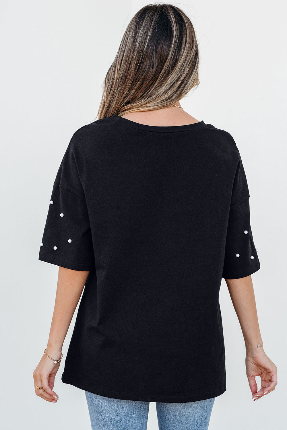Pearl Beaded  Drop Shoulder Crewneck T Shirt