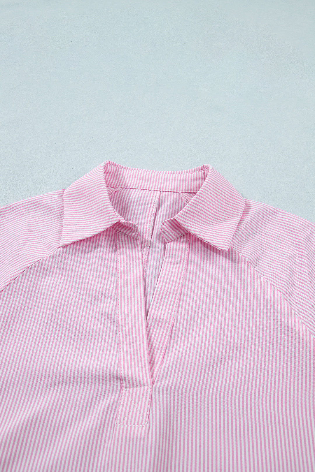 Pink Striped Print Collared Split Neck Half Sleeve Blouse