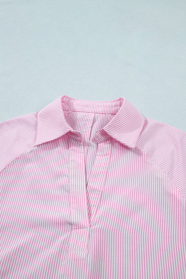 Pink Striped Print Collared Split Neck Half Sleeve Blouse