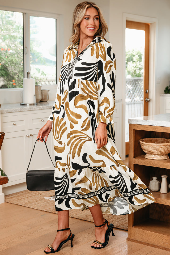 Tropical Printed Contrast Trim Neck Long Sleeve Ruffle Hem Dress