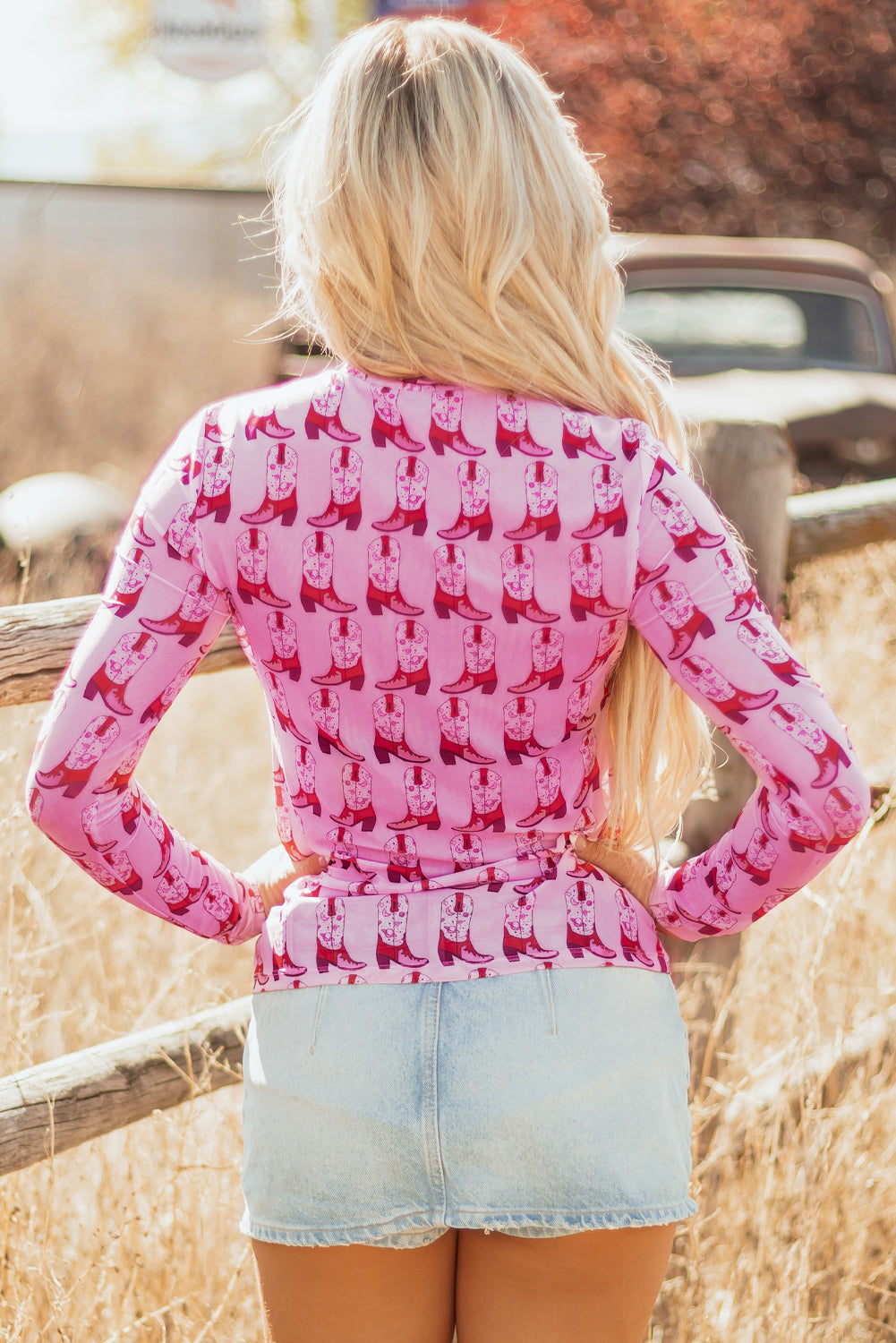 cowgirl boots printed mock neck long sleeve mesh top