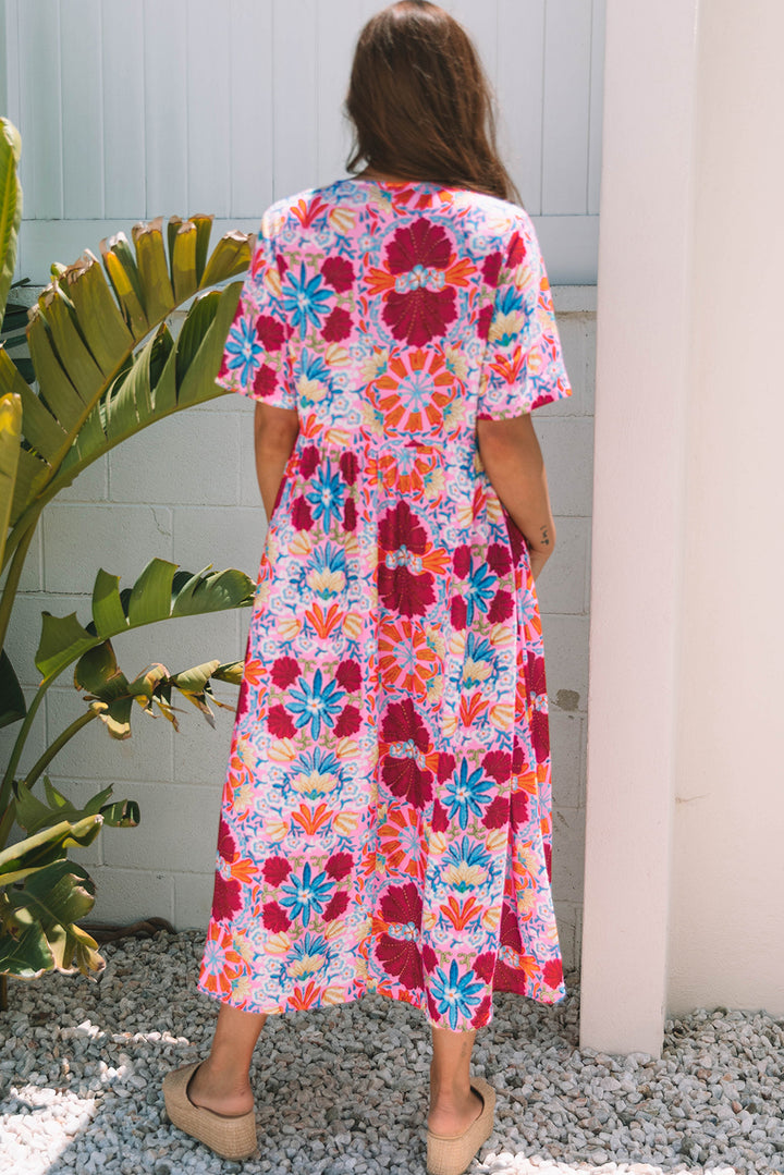 Floral Tied Front High Waist Short Sleeve Loose Long Dress