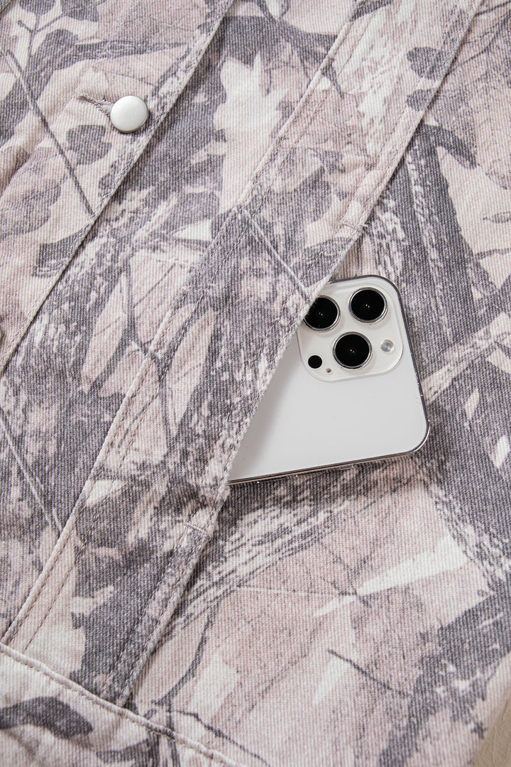 Gray Abstract Camo Print Colorblock Collar Oversized Shift Silhouette Denim Jacket