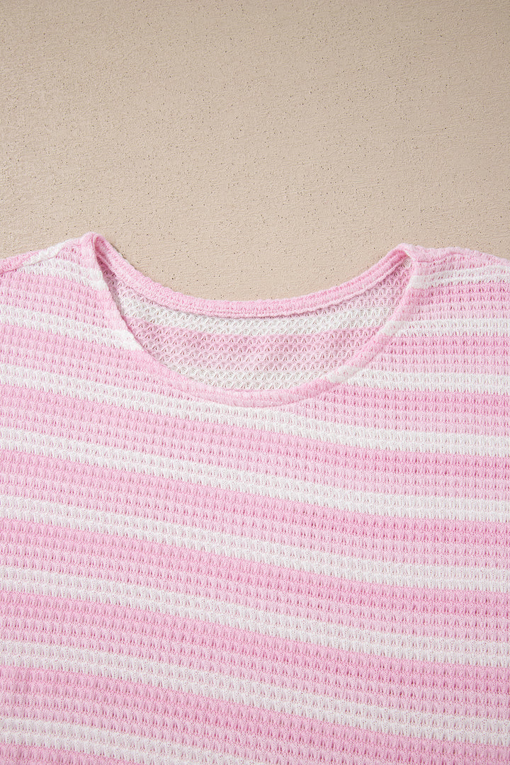 Summer Pink Striped Print Waffle Knit T Shirt