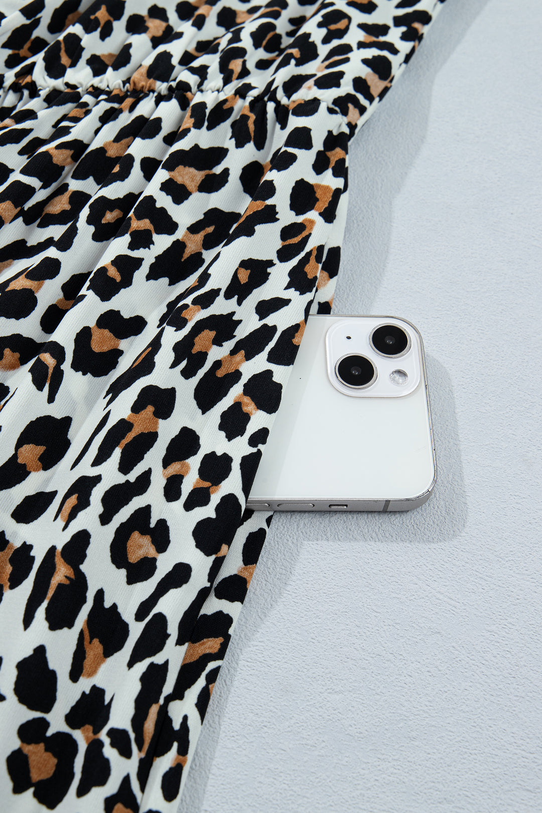 White Leopard Print Colorblock Trim Sleeveless Midi Dress