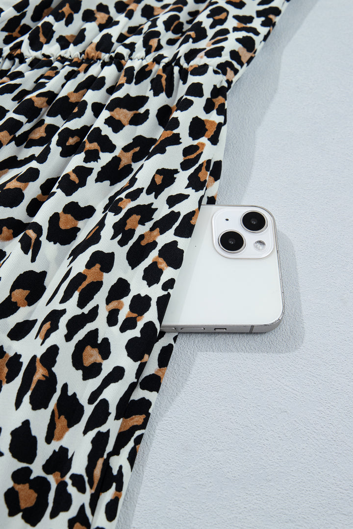 White Leopard Print Colorblock Trim Sleeveless Midi Dress