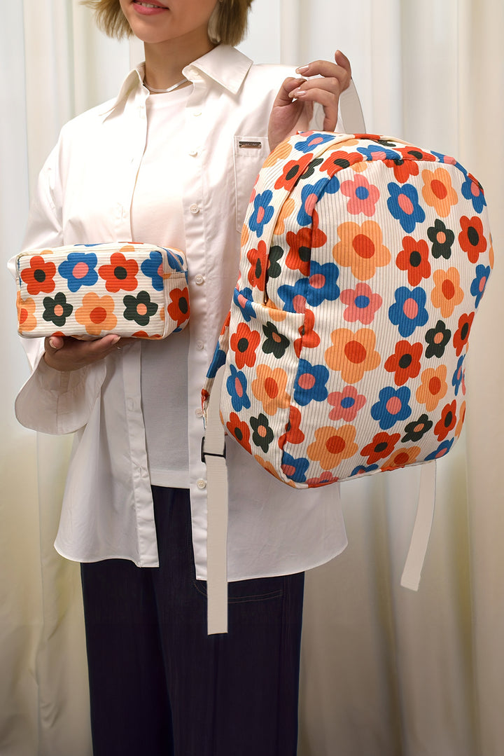 Sac à dos en velours côtelé à imprimé floral avec pochette assortie