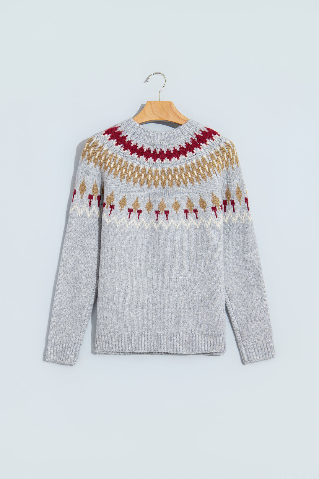 Gray Geometric Detail Round Neck Winter Sweater